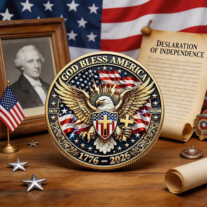 250 Years of America 1776–2026 Double-Sided Commemorative Coin – God Bless America Eagle Collectible