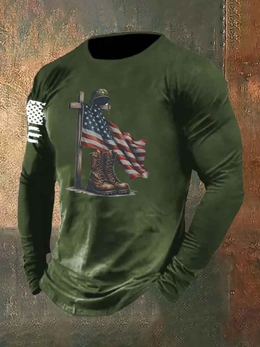 Men's Aintage Faith Veteran Flag Print Long Sleeve Cotton T-Shirt