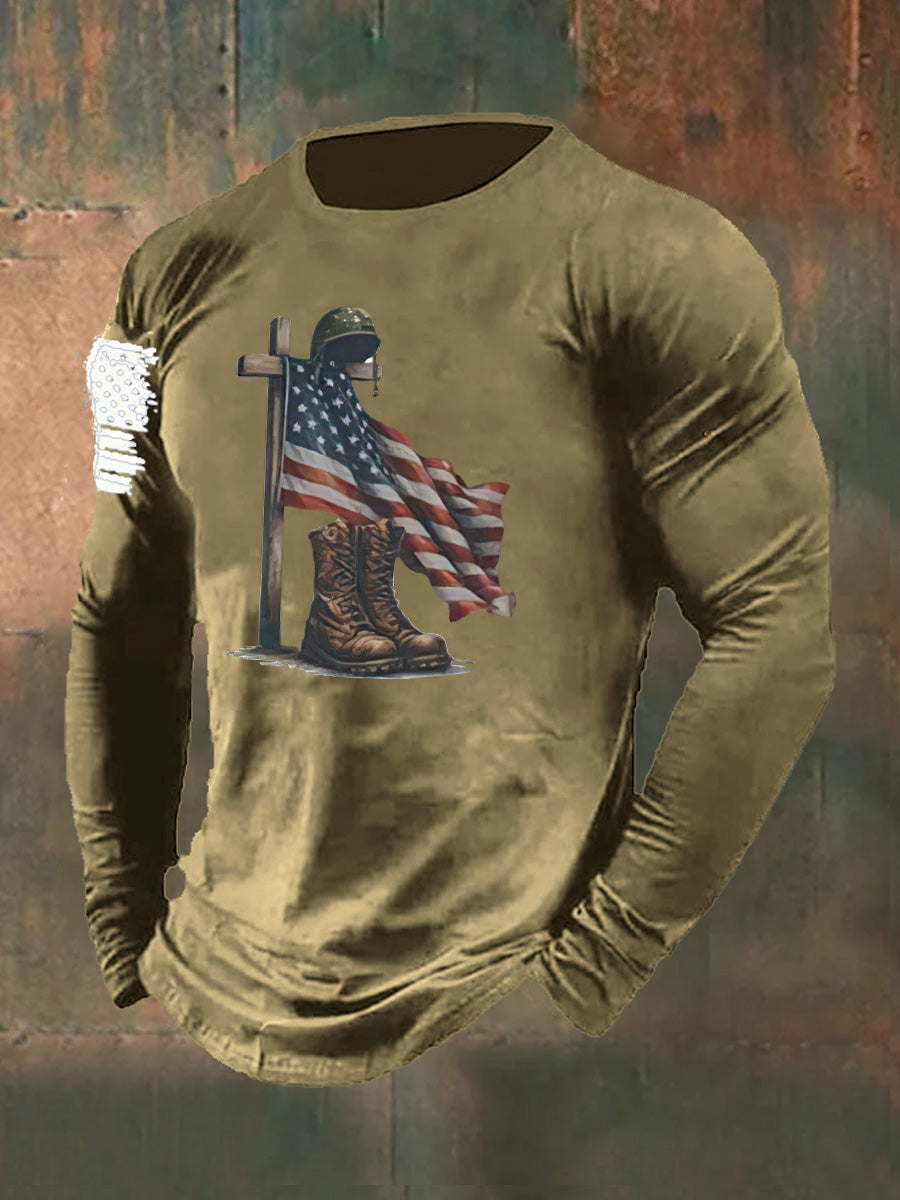 Men's Aintage Faith Veteran Flag Print Long Sleeve Cotton T-Shirt