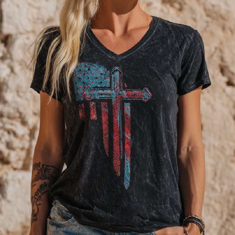 Retro Casual American Flag Cross Faith T-Shirt