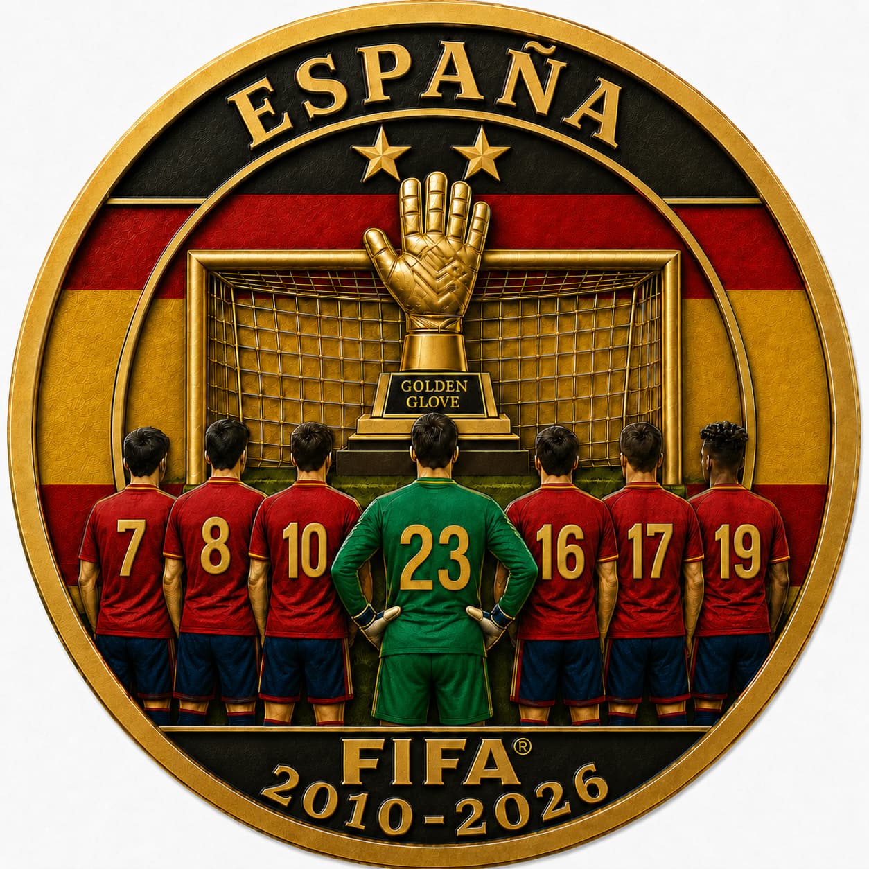 ⭐ Spain Football Two-Star Legacy 3D Embossed Coin 2010–2026 | Golden Glove Tribute to Champions & Legendary Moments
