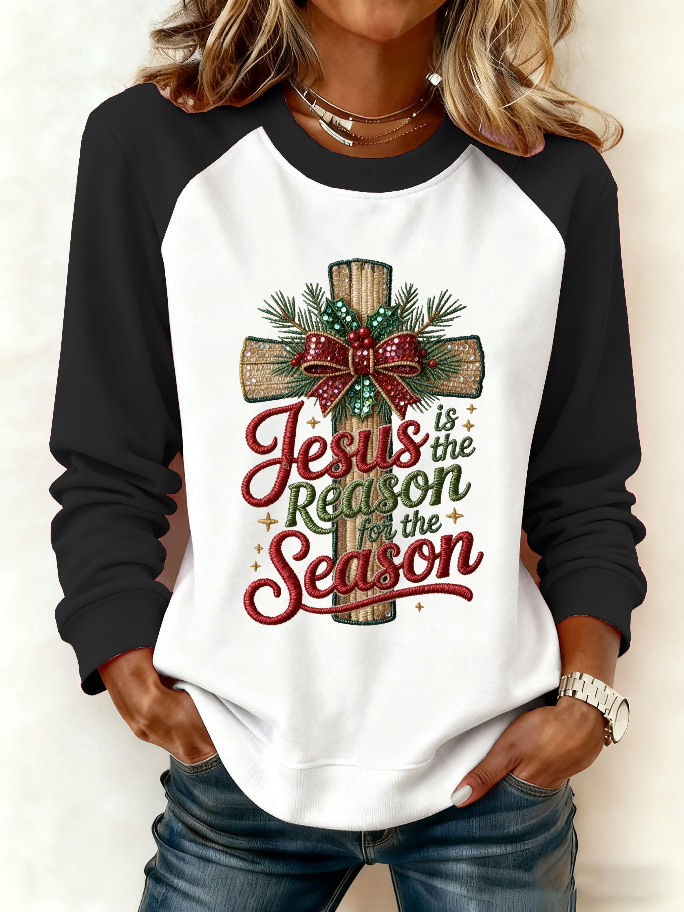 Women's Casual Faith Christmas Contrasting Color Sweatshirt