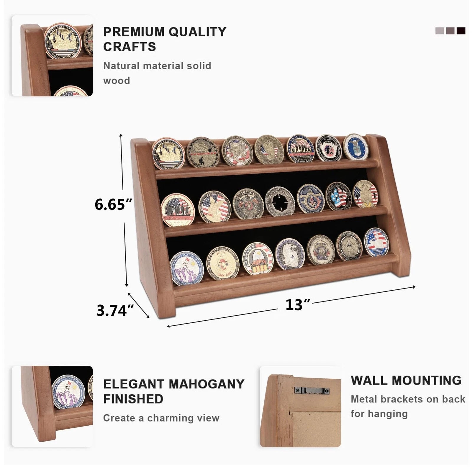 3 Rows Solid Wood Military Challenge Coin Holder Display - Holds 21-24 Coins,...