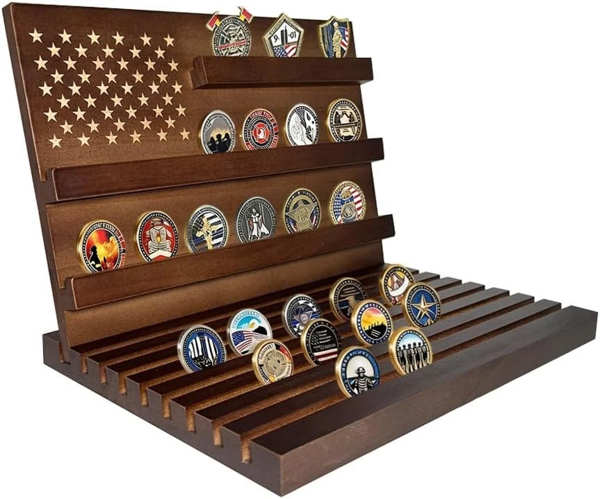 Challenge Coin Display Stand, 11 Rows Solid Wooden Military Coin Holder with Slo