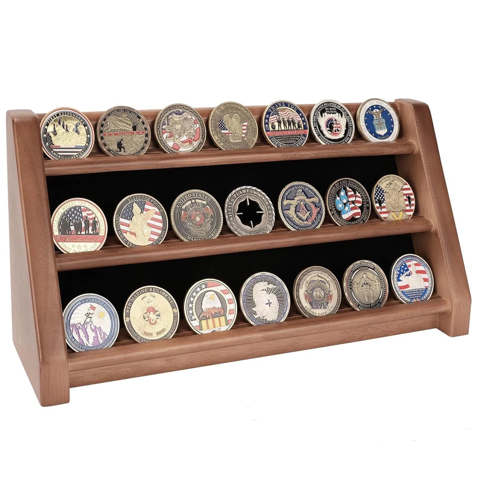 3 Rows Solid Wood Military Challenge Coin Holder Display - Holds 21-24 Coins,...