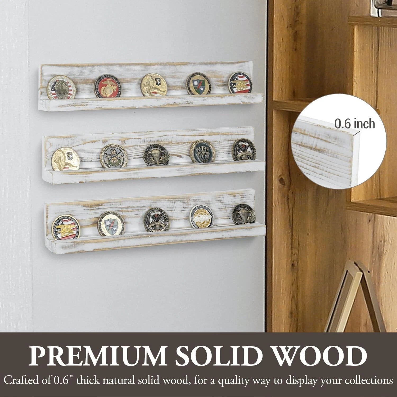 Wall Mounted White Wood Challenge Coin Holder, Coins Collection Shelf, Set of 3
