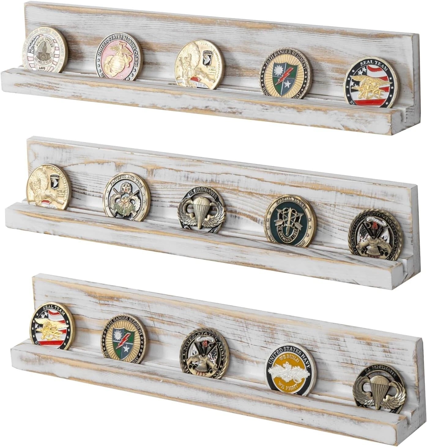 Wall Mounted White Wood Challenge Coin Holder, Coins Collection Shelf, Set of 3