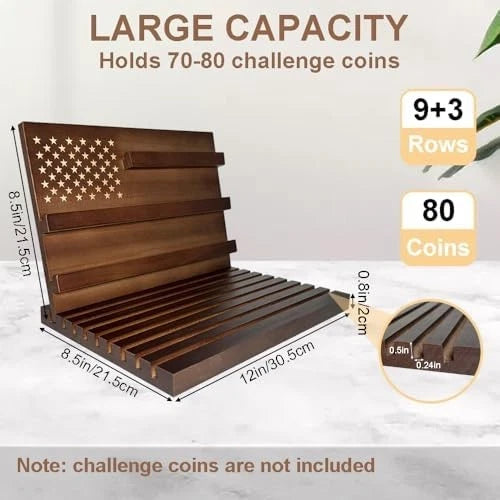 Challenge Coin Display Stand, 11 Rows Solid Wooden Military Coin Holder with Slo